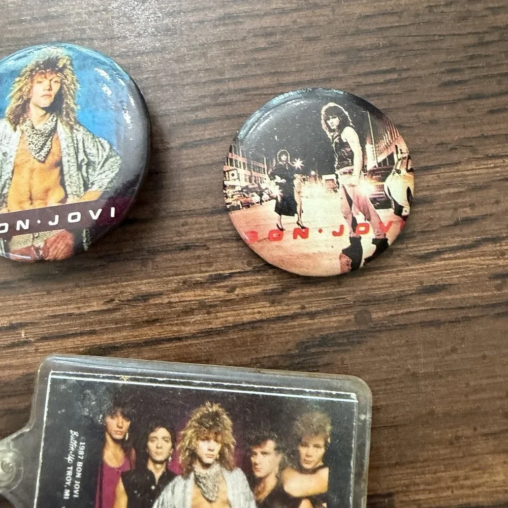 Vintage Bob Jovi Keychain & Button Lot 84-87 Hair Metal Rock Band
